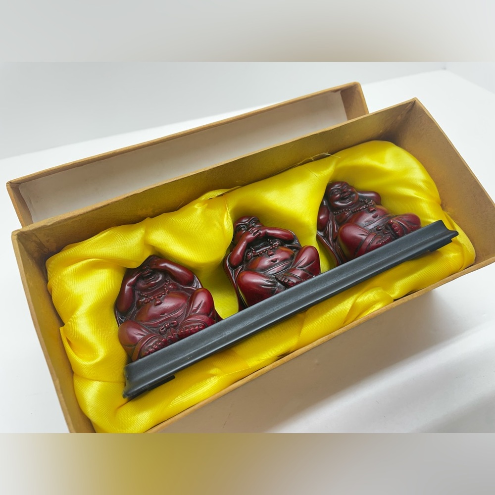 Lucky Lion 3 Buddha Resin Red Statues China Oriental Figurine with Box